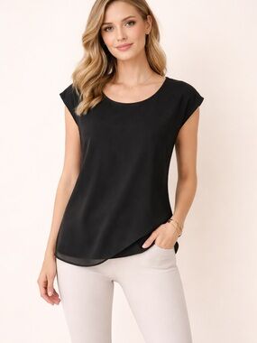 Reitman’s Black Cap-Sleeve Layered Hem Women's Top - Classy Ladies Black Top